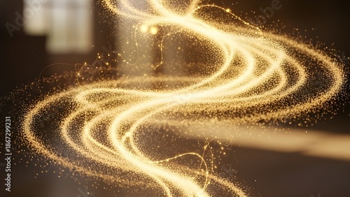 Swirling Golden Light Trails with Sparkling Dust Particles on a Dark Blurred Background