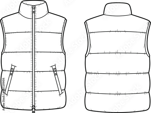 Front and back view of a black and white puffer vest illustration Keywords: vest, puffer vest, sleeveless jacket, outerwear
