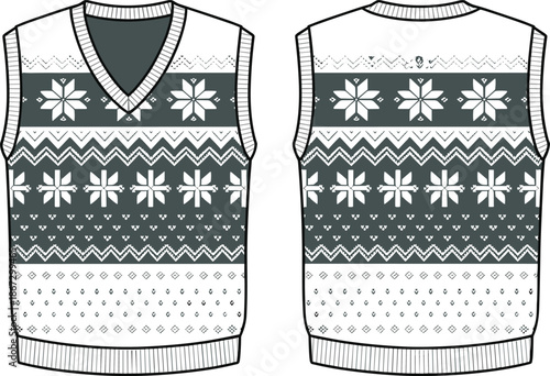 Front and back view of a sleeveless V-neck sweater vest with snowflake and geometric patterns front view