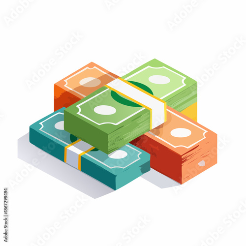 Vibrant isometric illustration showcasing a diverse collection of colorful paper currency stacks, symbolizing financial success, savings, investment, and economic prosperity