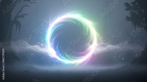 Magical Glowing Portal in Dark Foggy Forest with Energy Ring and Mist
