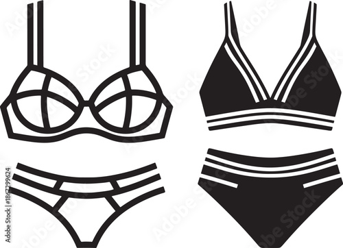 Minimal black-and-white vector illustration of modern women’s lingerie and bikini sets with clean lines and a stylish silhouette.