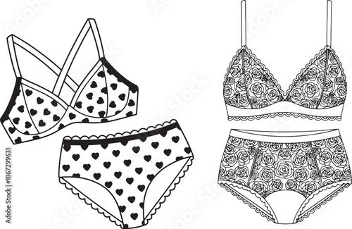This elegant black and white lingerie illustration features two stylish women’s underwear sets, including a bra and high-waisted panties. One design showcases a romantic heart pattern, 