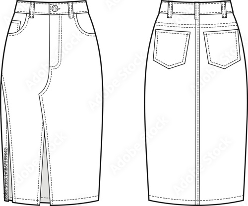 Front and back view of a white denim pencil skirt with a front slit Keywords: skirt, denim, pencil skirt, midi skirt, front slit