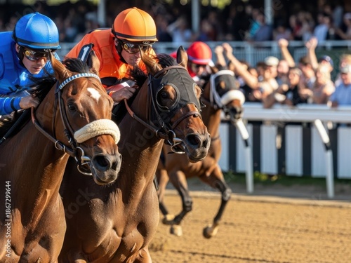 Horse racing with jockeys on a track with a crowd in the background