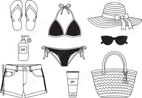 This black and white line art illustration features a complete summer beach fashion collection, including a bikini set, flip flops, sun hat, sunglasses, denim shorts, beach bag, and SPF sunscreen bott
