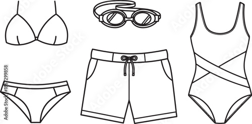 This black and white line art illustration showcases a complete swimwear and beachwear set, including a bikini top, bikini bottom, one-piece swimsuit with crisscross waist design, swim shorts, 