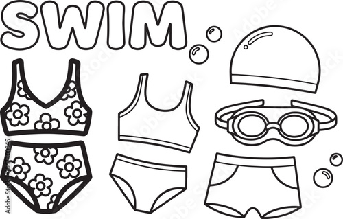 This black and white line art illustration features a cute and playful swimwear collection for kids, including two-piece swimsuits, swim shorts, swim cap, goggles, and bubble elements with the word 