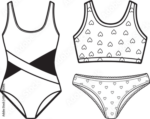 This black and white line art illustration features a cute and stylish women’s lingerie and swimwear set, including a modern one-piece swimsuit with wrap detail, a crop-style bra top, and matching 