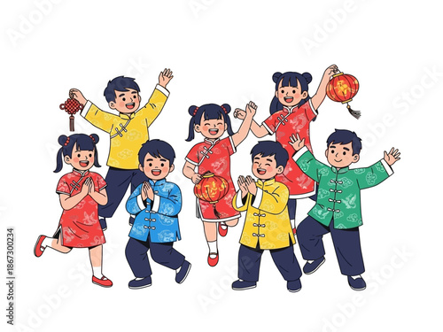 Cartoon group of happy children in traditional Chinese clothing holding festive items