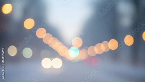 Soft Out of Focus Winter Bokeh Lights on a Snowy Street in Blue Hour