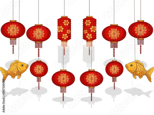 Red Chinese lanterns and gold fish decorations hanging against a white background