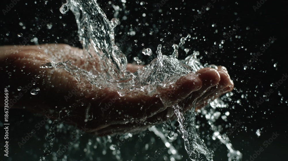 Fototapeta premium Aquatic Embrace: The delicate cascade of water flows over the palm, a captivating display of nature's purity.