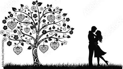 A couple shares a tender moment under a tree of hearts