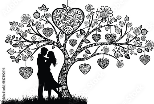 A romantic silhouette of a couple embracing beneath a decorative heart tree