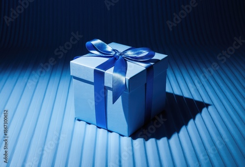 Elegant blue gift box with ribbon on textured surface