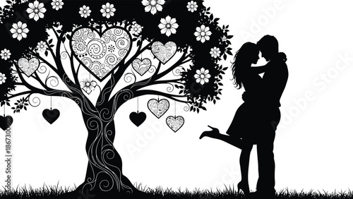 Silhouette of a couple embracing under a tree with heart shaped leaves