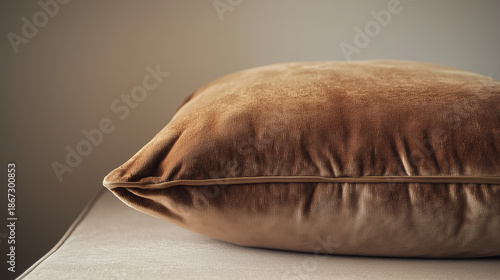 Soft brown decorative pillow on neutral sofa, minimalist interior detail with copy space.