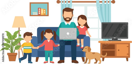 A happy family spending time together at home with a dog and technology