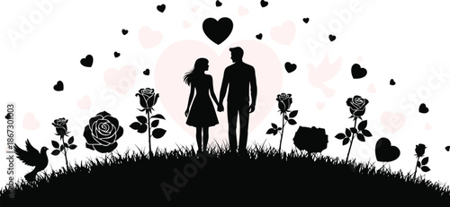 Silhouette of a couple holding hands amidst hearts and floral romance