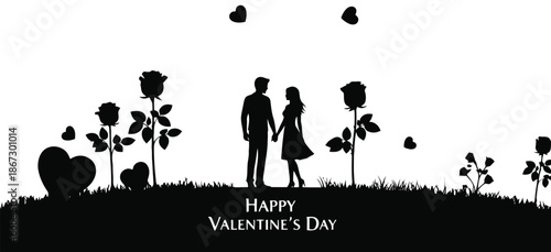 Silhouetted couple holding hands amidst hearts and flowers a valentine s scene