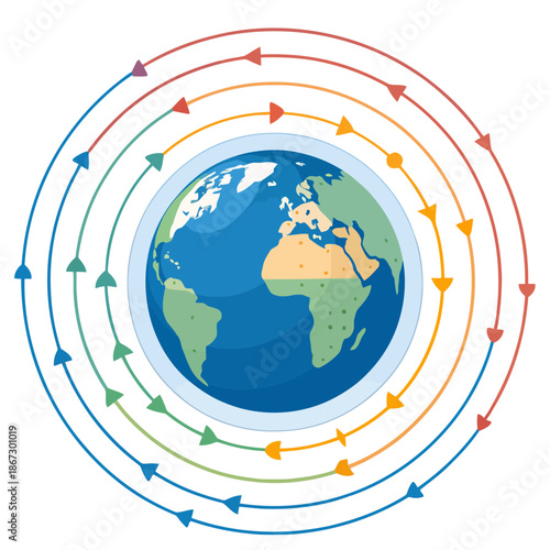 A colorful vector graphic illustration of the Earth with orbiting satellites