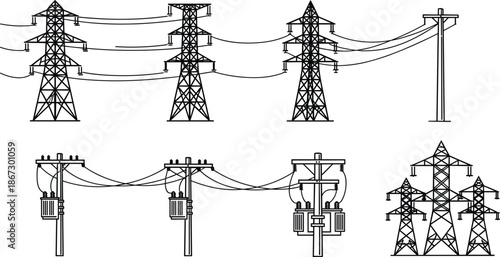Line art illustrations of electrical transmission towers and utility poles with wires Keywords: electricity, power line