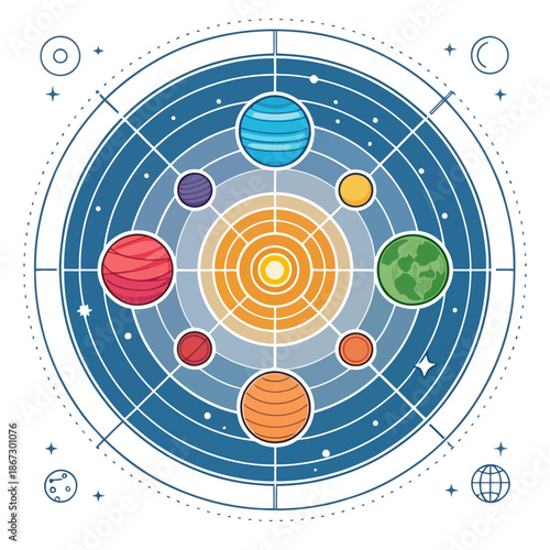 A colorful vector illustration of the solar system with planets and stars