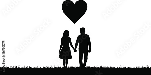 Silhouetted couple holding hands with a heart shape above against a red background