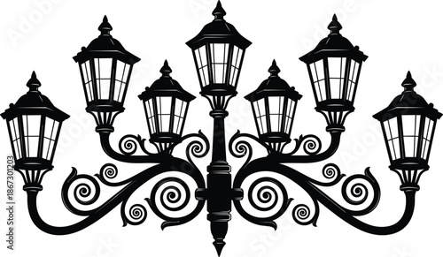 Ornate Black Silhouette Street Lamp with Multiple Lanterns and Swirls lamppost light