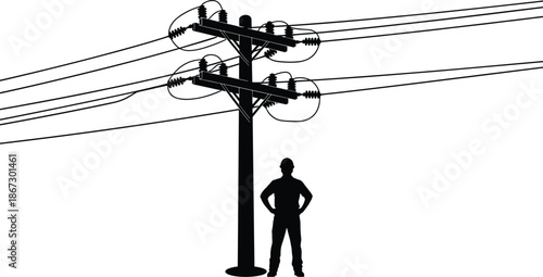 Silhouette of a lineman standing next to a utility pole with multiple power lines Keywords: lineman, utility pole, electricity