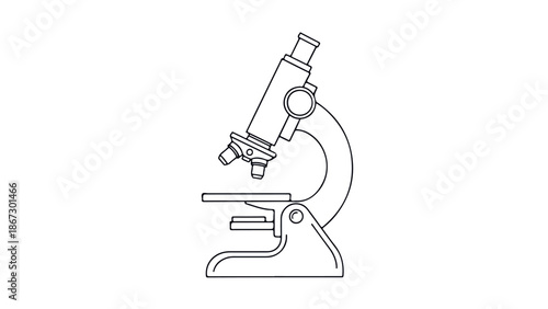 Simple line drawing of a microscope with detailed mechanical parts and eyepiece and stage visible and clearly defined.