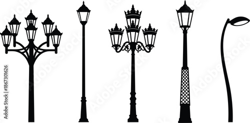 Silhouettes of various decorative and modern street lamps and lampposts Keywords: street lamp, lamppost, lighting, outdoor