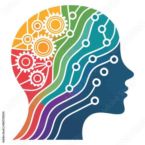 A colorful vector illustration of a human head with gears and circuits