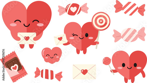 Charming valentine s day sweets and hearts with cute faces illustration