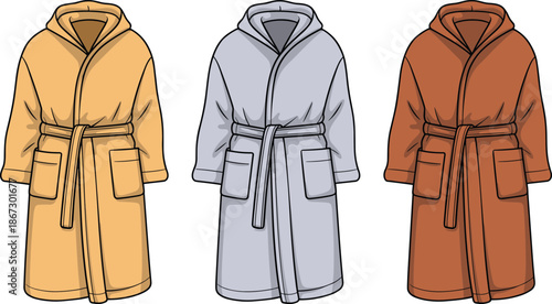Three cartoon-style bathrobes in different colors on a white background dressing gown bathroom