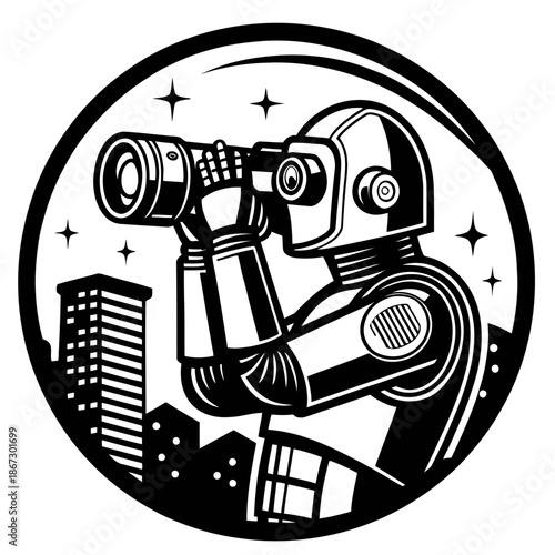 A robot using binoculars to observe the city at night