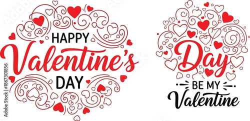 Valentine s day decorative design featuring hearts and swirling floral elements