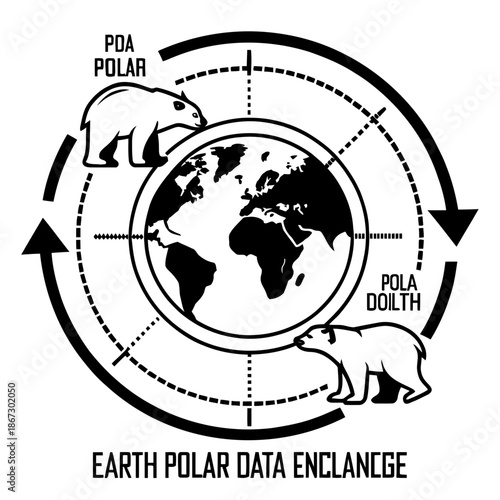 A black and white vector graphic illustrating polar bears and Earth
