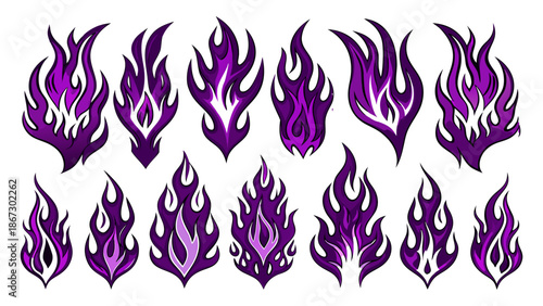 Set of isolated abstract fire flames, blazing wildfire elements collection, decorative tattoo style fiery elements, various shapes