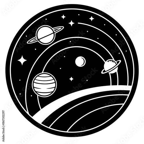 A minimalist vector illustration of planets and stars in space