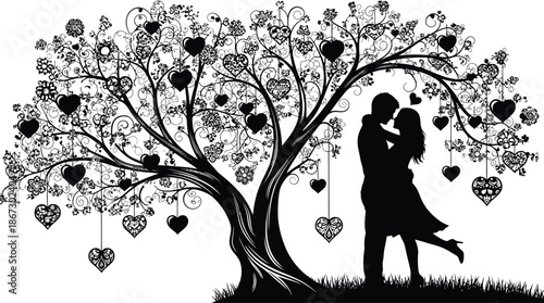 A loving couple embraces beneath a tree adorned with hearts