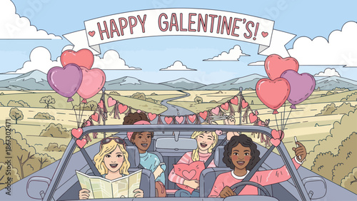 Friends celebrating Galentine's Day on a road trip with balloons.