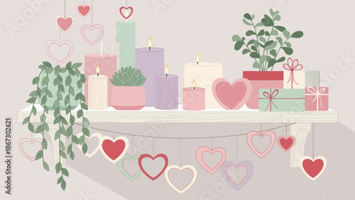 Valentine's Day Shelf Decor with Candles, Plants, and Hearts Illustration