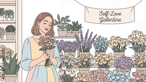 Woman enjoying flowers in a charming flower shop celebrating "Self-Love Galentine".