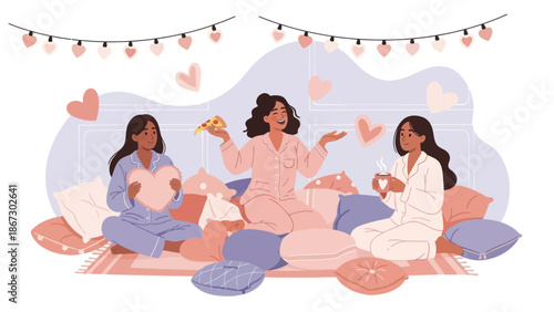 Three friends enjoy a cozy pajama party with pizza and hot drinks.