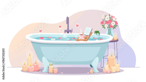 Relaxing bath with candles, rose petals and a book.