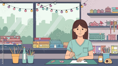 Young woman creating art with craft supplies on her desk.