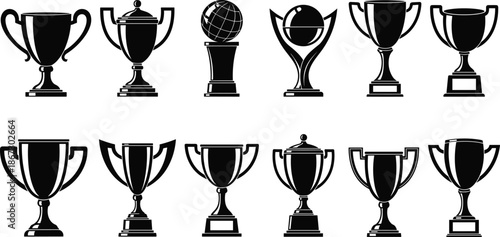 Champion trophy cup silhouette collection, gold silver bronze award prize set for sports tournament achievement, victory celebration vector icon design for competition success, winner