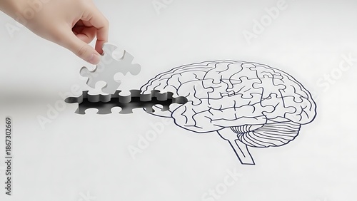 A hand connecting a puzzle piece to a brain outline, symbolizing cognitive function, memory enhancement, and mental health solutions